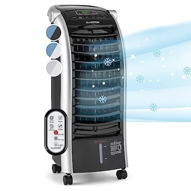 Klarstein Condizionatore Portatile 65W, 4in1, Climatizzatore Portatile, Raffrescatore Aria ad Acqua, Ventilatore, Deumidificatore, Silenzioso con Night Mode, 444m³/h, Serbatoio da 6L, Nero Lucido