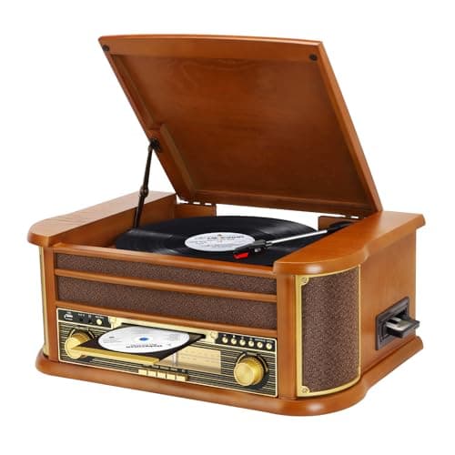 MUSITREND Lettore di dischi vintage Giradischi Bluetooth wireless a 3 velocità con altoparlanti stereo integrati, radiofonografo AM/FM, jack da 3,5 mm, CD/Cassette, AUX in RCA out, riproduzione USB