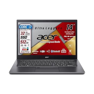 acer Notebook Intel Core i7-1255U, 10 Core, Ram 32Gb, SSD Pcie Nvme 512Gb, display 14" FHD IPS, Tastiera retroilluminata, Fingerprint, thunderbolt, ultraleggero, Win 11Pro, preconfigurato