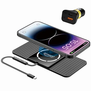 Tappetino di ricarica wireless magnetico per auto, Polmxs Tappetino di ricarica wireless antiscivolo di tipo C da 15 W con caricabatterie per auto da 40W (cavo da 30 cm)
