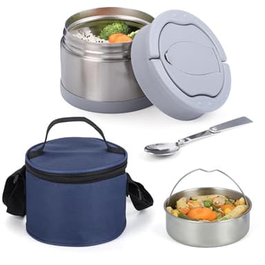 BELLE VOUS Portapranzo Termico - Contenitore per Alimenti Caldi e Freddi - con Cucchiaio e Custodia - Thermos Portavivande in Acciaio - per Cibo Frutta Pappa Neonati - 2 Scomparti