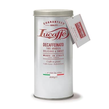 Lucaffè - Barattolo Caffè in Grani Decaffeinato 500 Gr | Caffè in Chicchi Interi da macinare per Espresso senza caffeina | Tostatura Scura | Gusto Dolce e Fruttato, Cremoso | Aroma Intenso