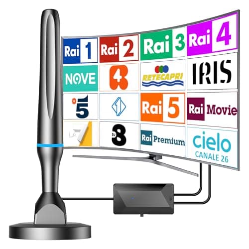 Antenna TV Interna Amplificata Potente-Antenna TV da Interno ed Esterno, 260+ Miglia Gamma Antenne Digitale Terrestre con Amplificatore Segnale, Supporta 4K 1080P DVB-T/DVB-T2 per Smart TVs
