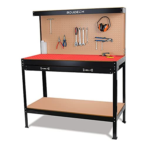 Banco da Lavoro con piano da 120x60cm, parete forata e ganci universali per attrezzi + 1 cassetto porta utensili + 2 mensole