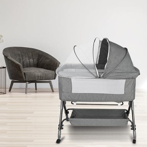 HUOLE Culla Neonato Pieghevole, fino a 20kg4 Altezze Regolabili, Culla Co-sleeping con materasso e zanzariera 2 in 1 Lettino Co-sleeping per neonati da 1 a 36 mesi -104 * 52 * 100-110 cm-grigio lino