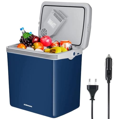 Frigorifero Elettrico Portatile per Auto da 32 Litri, Mini Frigo con Manico Ergonomico, Spina da 230V e 12V, Modalità Freddo e Caldo, Ideale per Camion, Macchina, Barca, Campeggio, Camper (Blue)