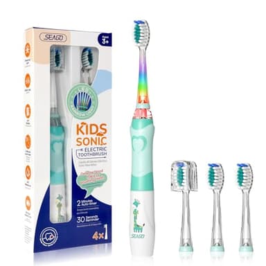 Seago Spazzolino Elettrico Bambini 3-12 Anni Spazzolino Bambini Spazzolini Elettrici Con 4 Testine Spazzolino Elettrico Luce LED Colorata e Osservante 4 Modalità Timer Intelligente SG-977, Verde