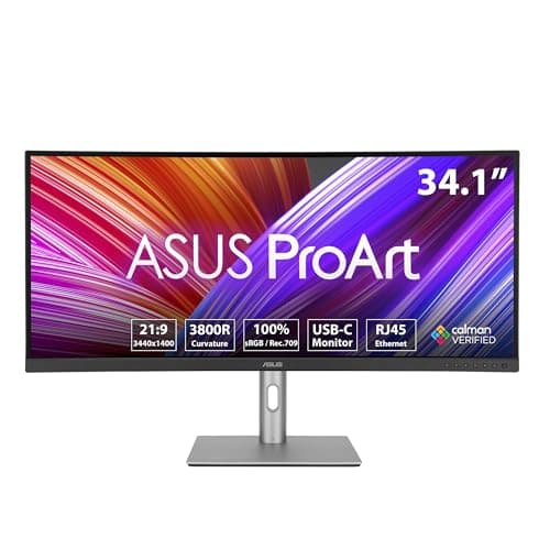 ASUS ProArt Display PA34VCNV Monitor Professionale Curvo da 34” pollici, IPS, 21:9 3440 x 1440, Curvatura 3800R, 100%sRGB, Colori ΔE < 2, Calman, Docking USB-C PD 96W, RJ45, Ecosostenibile, Nero