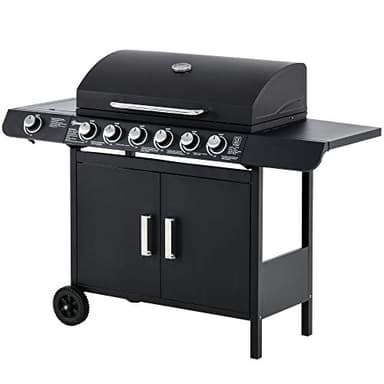 Outsunny Barbecue a Gas con Coperchio, 7 Bruciatori Totali da 20kW e Fornello Laterale, Termometro, Mensola e 2 Ruote, 135x50x100cm Nero