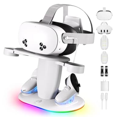Dock di Ricarica Compatibile con Meta Quest 3/3S/2, Supporto VR Magnetico con Ricarica Rapida, Illuminazione RGB, 2 Batterie Ricaricabili, Type-C, Accessori per Oculus Quest Headset e Controller