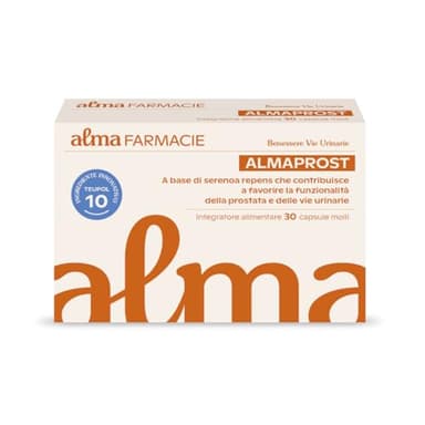 Almaprost Alma Farmacie, Integratore per favorire la Funzionalità della Prostata e delle Vie Urinarie, estratto Saw Palmetto, Sereona Repens, Ortica e Teupol 10, Senza Glutine e Lattosio, 30 Capsule