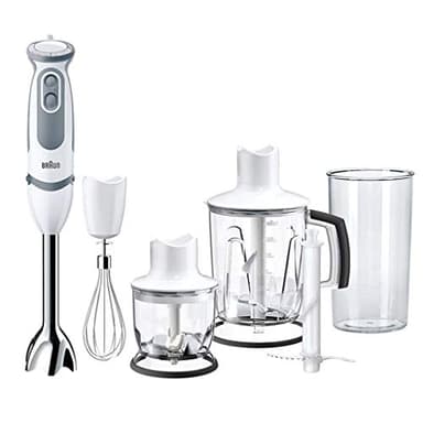 Braun MQ5245WH Minipimer con 5 ANNI DI ASSISTENZA, Frullatore ad immersione, 1000W, 4 accessori, 21 velocità di lavorazione, antischizzo, bianco/grigio