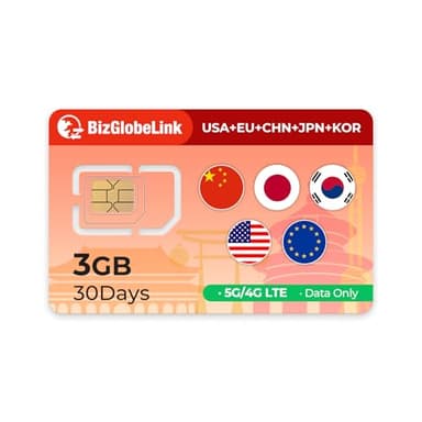 EIOTCLUB Carta SIM da viaggio globale, 3 GB di dati per 30 giorni, per 33 paesi in Europa, USA, Cina, Corea del Sud e Giappone, possibilità di ricarica dati, senza funzione di chiamata o SMS