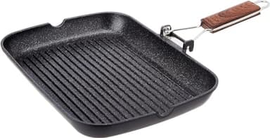 WECOOK! Ecochef Titanio Bistecchiera Ondulata, Induzione, 34x24cm, Antiaderente QUANTANIUM Ecologico senza PFOA, Alluminio Fuso, 5mm di Spessore, Manico in Legno Pieghevole, Vitroceramica, Gas