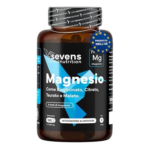 Magnesio Completo - Integratore di Magnesio Bisglicinato, Citrato, Malato, Taurato - 180 Compresse - Supporto Muscoli, Stanchezza e Ossa - Sevens