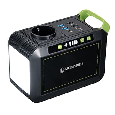 Bresser Mobile Power Station 88,8 Wh, 6 Ah / 14,8 V con batteria agli ioni di litio di alta qualità, porte USB, CA e DC e grande lampada a LED