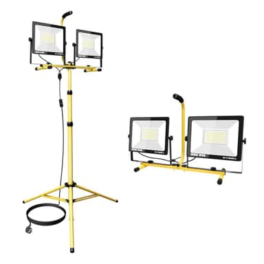 SKYWORLD 2 x 100W Doppio Proiettore LED da Lavoro, proiettori trepiede led faro faretto cavalletto telescopico, con cavo di alimentazione da 5 metri per cantiere garage, Luci da Officina