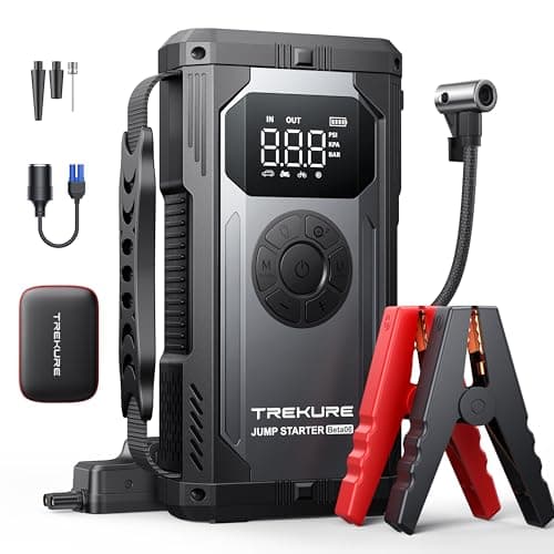 TREKURE Booster Avviamento Auto con Compressore, 5000A Avviatore Emergenza per Auto (Per Tutti i Motori Benzina o 10.L Diesel), Starter Batteria Auto con Torcia, 160W CC, Ricarica USB