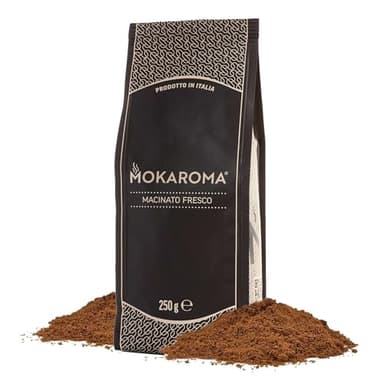 Mokaroma Brown Caffe Macinato per Moka Sacchetto da 250g - Caffè in Polvere Pregiato con Note di Cioccolato e Mandorle, Bassa Acidità e Corpo Intenso. Caffe Macinato Espresso Tostatura ad Aria Calda