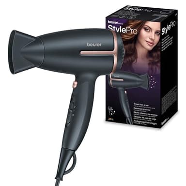 Beurer HC 25 Asciugacapelli da viaggio con funzione ionica, phon piccolo, impugnatura pieghevole e peso leggero, 1600 watt, commutazione di tensione da 110-120/220-240 V, 25,9 x 8 x 15,6 cm, nero