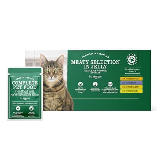 by Amazon Alimento bilanciato completo senza cereali per gatti adulti, selezione di carni in gelatina, 4,8 kg (48 confezioni da 100 g)