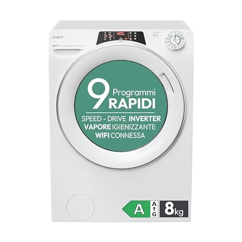 Candy RapidÓ Lavatrice 8 Kg, Libera Installazione, Carica Frontale, Classe A, 1200 Giri, 9 Programmi Rapidi, Funzione Vapore, Wi-Fi + BLE e App hOn, 60 x 53 x 85 cm, Bianca - RO 1284DWMST/1-S