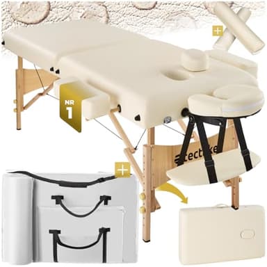 TecTake® Lettino Massaggio a 2 Zone con Rulli, Lettino Massaggio Portatile con Imbottitura 7,5 cm, Lettino Pieghevole con Braccioli, Poggiatesta Ergonomico, Poggiabraccio, Borsa Inclusa - Beige