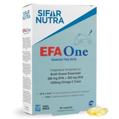 Sifar Nutra EFA One | IFOS certificato 5 stelle | Olio di pesce Omega 3 1020 mg | 580 mg EPA +390 mg DHA | funzione cardiaca | integratore memoria | forma trigliceride | 30 capsule
