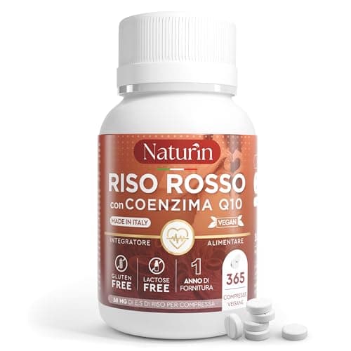 Riso Rosso Fermentato 365 Compresse (1 Anno) + Coenzima Q10 + Monacolina K, Integratore 100% Vegano ad Alto Dosaggio per Colesterolo e Benessere Cardiovascolare by NATURIN