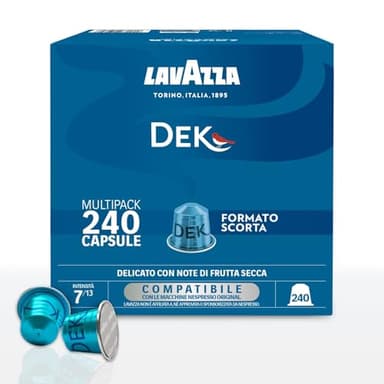 Lavazza, Espresso Dek, 240 Capsule di Caffè in Alluminio Compatibili con Macchine Nespresso* Original, Note di Frutta Secca e Cioccolato, Arabica e Robusta, Intensità 7/13, Tostatura Media, 8 Pack
