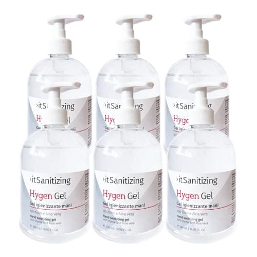 Hygen Gel Mani Disinfettante Igienizzante 3 Litri Antibatterico Sanificante Alcool 75% Elimina Virus Naturale con Aloe Vera e Timo Senza Risciacquo Profumato al Limone - 6 Flaconi da 500 ml