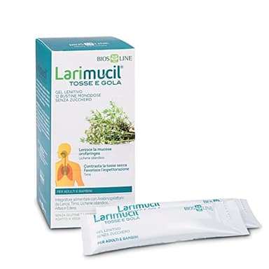 BIOS LINE Larimucil Tosse e Gola, Integratore Alimentare, Integratore Tosse, Gel Fluido Contrasta Tosse Secca e Grassa, Lenisce la Mucosa Orofaringea, 12 Bustine Monodose 10ml Senza Zucchero
