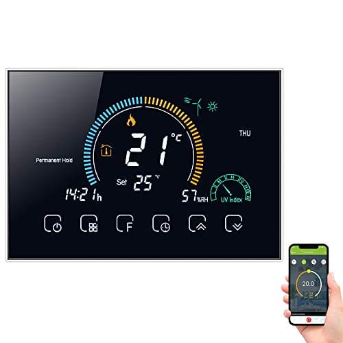 Decdeal Termostato WiFi per Caldaia a Gas - Controllo App Vocale/LCD Retroilluminato Visualizzazione dell'umidità e UV,Termostato Programmabile Compatibile con Alexa Google Home