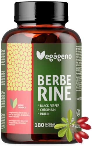 Vegágeno BERBERINA Integratore 180 Capsule Vegetali con Cromo, Inulina e Pepe Nero per un Maggiore Assorbimento Adatto ai Vegani. Complesso della berberina HCL.