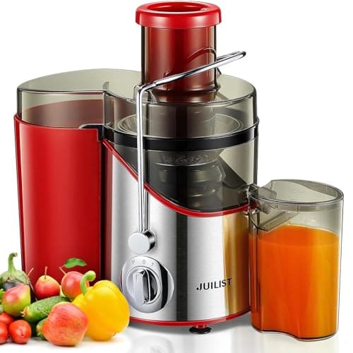 JUILIST Centrifuga Frutta e Verdura, Scivolo di Alimentazione da 65 mm, 3 Impostazioni, con Spazzola per la Pulizia, Facile da Pulire, Senza BPA, Rosso
