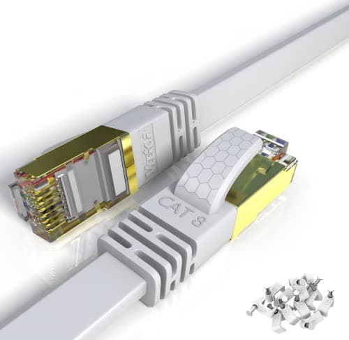 VEEtOP Cavo Ethernet 15 Metri Cat 8 Piatto LAN Rete RJ45 in Oro per Alta velocità 40 Gigabit / 2000 MHz (15m Bianco)