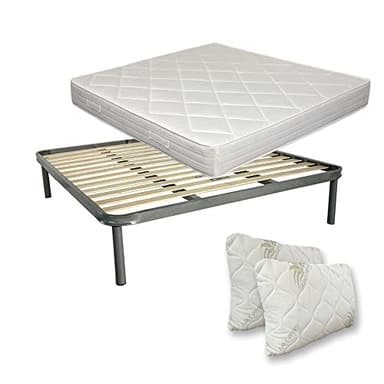 Comprarredo Kit materasso e rete matrimoniale 160x190 NORVEGIA più coppia di cuscini fiocco memory in regalo, rete due piazze a doghe 160x190 ortopedica con materasso in schiuma alto 19cm