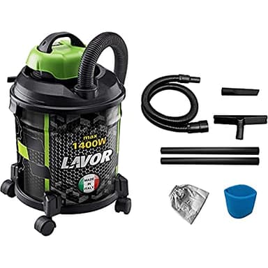 Lavor JOKER 1400 S Aspiratore Solidi e Liquidi, Capacità Vano Raccolta 20 l, Serbatoio in Metallo, 18 kPa, 1400 Watt max, Tubo Flex 1,5 m, 2 Tubi Rigidi, Bocchetta Piatta, Spazzola Pavimenti, Base