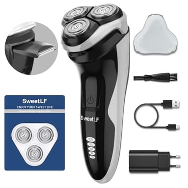 SweetLF [2025 Nuovo] Rasoio Elettrico Barba Uomo (più 3 lame+1 caricatore rapido) con testine rotanti 4D, rasoio ricaricabile con schermo LED, rasatura impermeabile IPX7 + regolabarba SWS7105- Nero