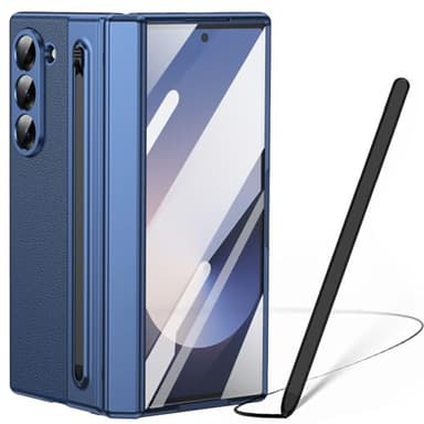 Custodia per Galaxy Z Fold 6, Protezione cerniera Samsung Fold6 cover, custodia Samsung Galaxy Z Fold6 con pellicola protettiva per lo schermo + Penna stilo + portapenne-Blu