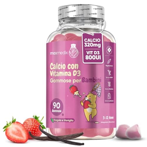 Calcio Integratore con Vitamina D Bambini, 90 Caramelle Gommose (45 Giorni) Gusto Fragola e Vaniglia, Calcio e Vitamina D Sono Necessari per la Normale Crescita e lo Sviluppo delle Ossa nei Bambini