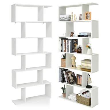 HOMASIS Libreria da Parete a 6 Livelli, Libreria Scaffale in Legno, Divisorio a Parete Multifunzionale con Design Antiribaltamento, Libreria a S per Ufficio, Salotto, 80 x 23 x 191cm (Bianco)