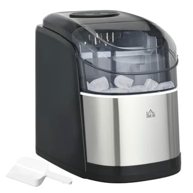 HOMCOM Macchina del Ghiaccio Autopulente da 9 Cubetti in 6-12 Minuti con Cesto e Paletta, Macchina per il Ghiaccio in PP e Acciaio Inox, 24.2x35.3x33 cm, Nera