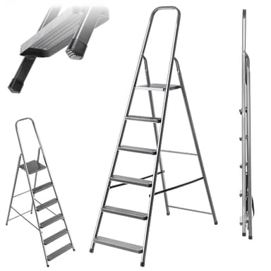 KADAX Scala a gradini in acciaio, pieghevole, con piedini antiscivolo, scala unilaterale con ripiano, scala pieghevole, scala a pioli, scala in acciaio (6 gradini)