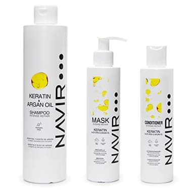 NAVIR Professionnel | Shampoo, maschera e balsamo ristrutturante con cheratina, Aloe Vera e olio di Argan (Shampoo 500ml + Maschera 200ml + Balsamo 200ml)