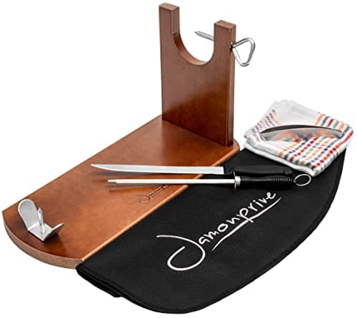 Jamonprive Porta Prosciutto Professionale Laccato + Coltello + Affilacoltelli + Copri Prosciutto + Panno + Pinza - Portaprosciutto Ideale per Jamon Serrano, Iberico e Prosciutto Italiano