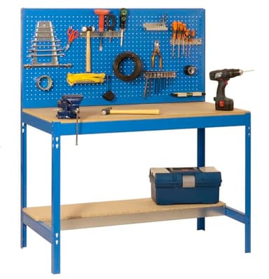 Simon Rack Banco da lavoro per officina, capacità di carico 400 kg, 1445x910x610 mm, Pannello Forato, Tavolo da lavoro fai da te, Blu/Legno - BT2