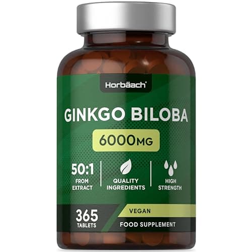 Ginkgo Biloba 6000mg | 365 Compresse Vegane (1 Anno) | Estratto 50:1 ad Alto Dosaggio | Ginkgo Biloba Forte (non capsule) | Facile da Deglutire | di Horbaach