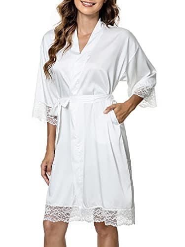 Tuopuda Pigiama Kimono Donna Elegante Vestaglia Corta in Pizzo Raso Camicia da Notte con Cintura Scollo a V Camice da Notte Nightdress Accappatoi per Sposa al Nubilato/Matrimoni/Feste, bianca, L