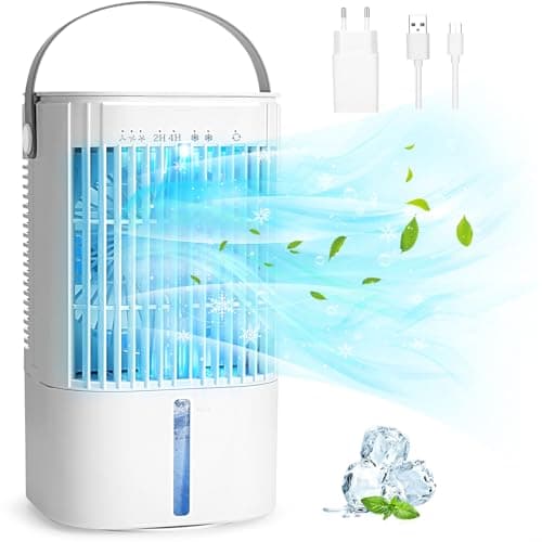 RenFox Condizionatore Portatile, 900 ml Raffreddatore d'Aria, 5 in 1 Mini Climatizzatore Portatile con 3 Velocità, 90° Oscillazione, 2 Funzioni di Nebbia, Maniglia, Camera da letto, l'ufficio